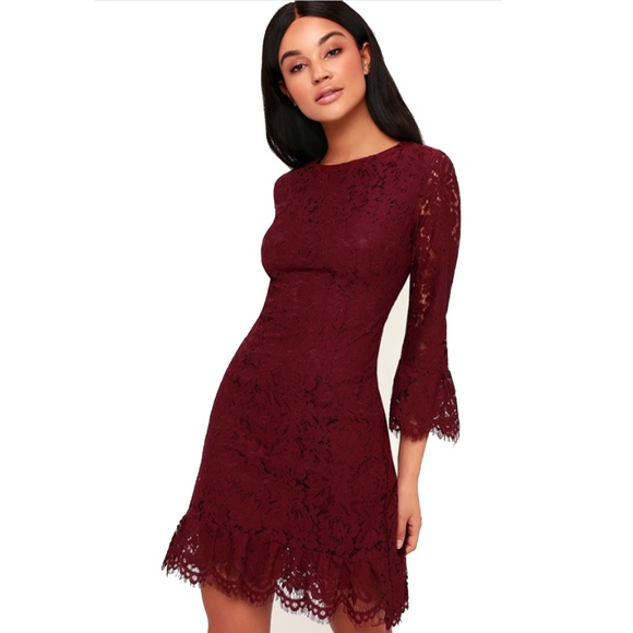 Lulus Dresses & Skirts - Lulus Burgundy Lace Flounce Sleeve Dress